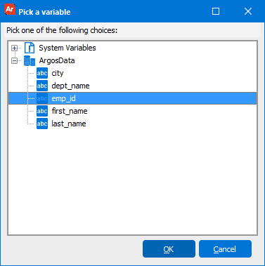 Pick a variable window. Argos Data is expanded and emp i d is selected.